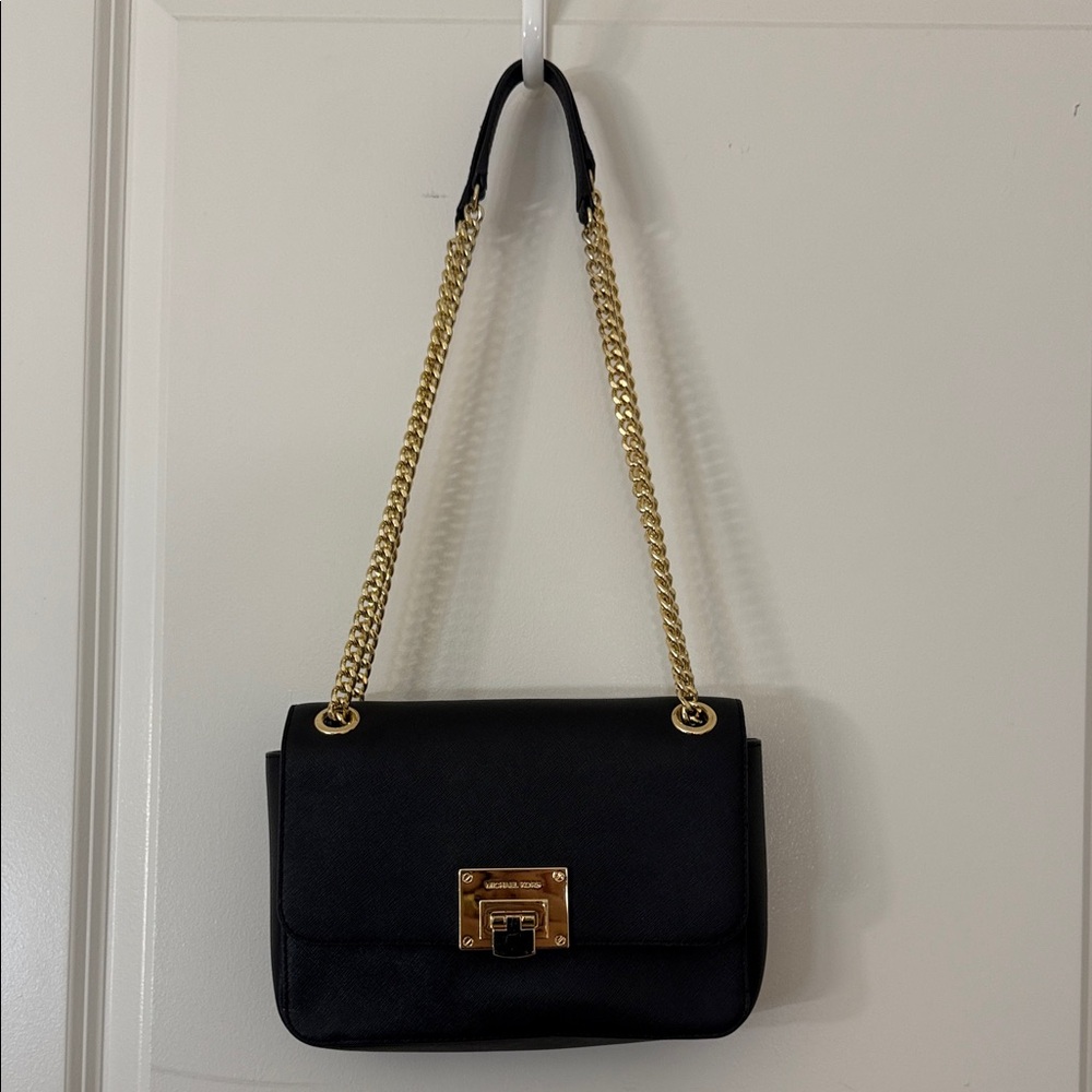 Michael Kors Black Saffiano Leather Flap Bag – Gold Chain Strap